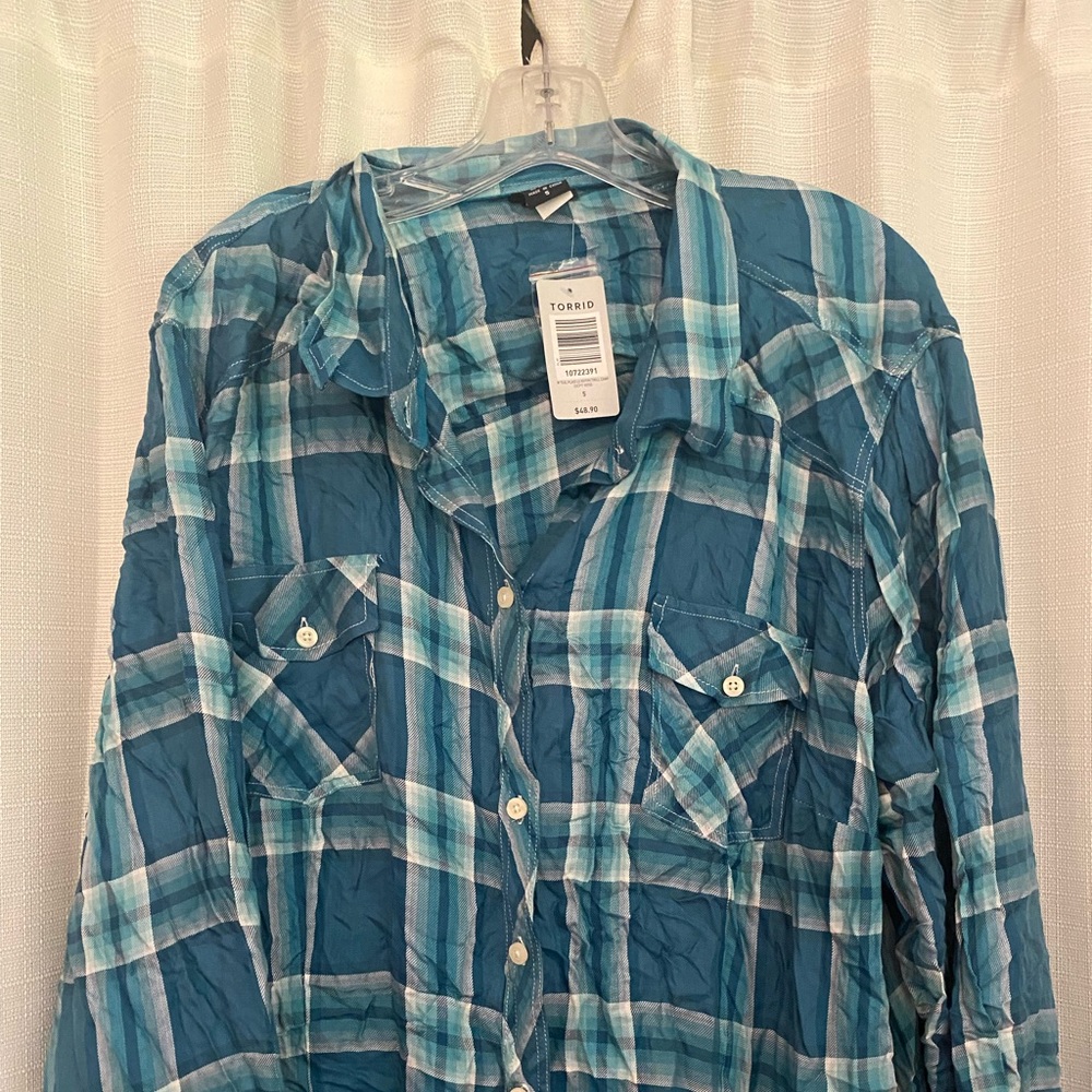 Blue plaid button front top.